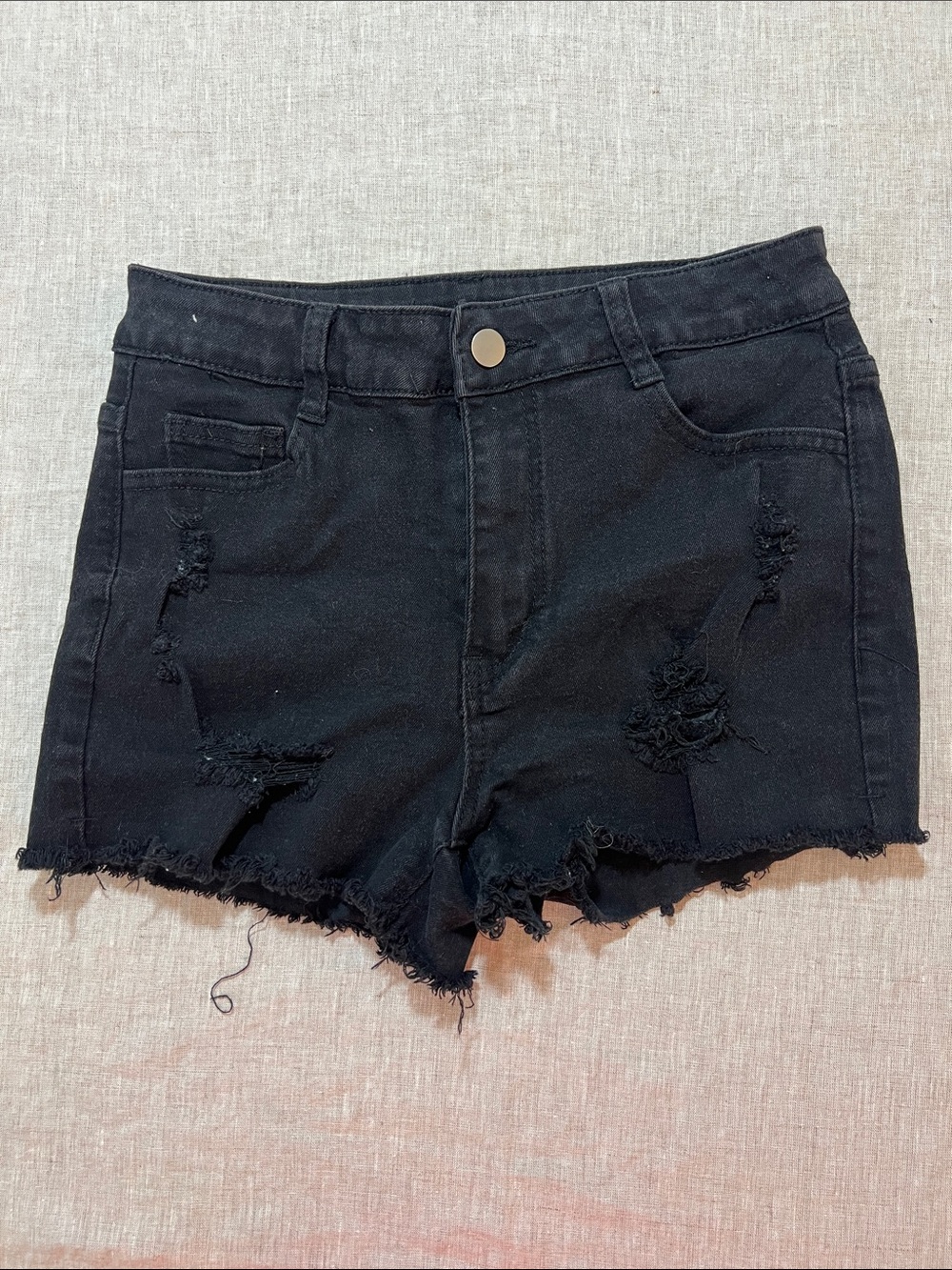 Black Distressed Denim Shorts. Size M